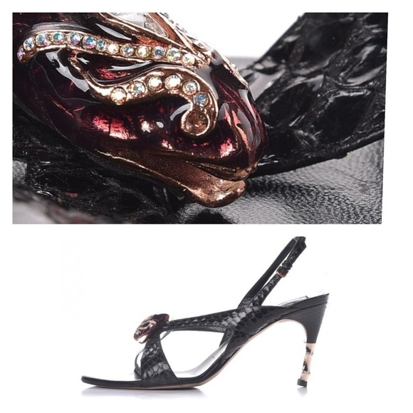 Gucci Shoes - GUCCI sandals Tom Ford snakehead 7 python slingback heels leather black gold box